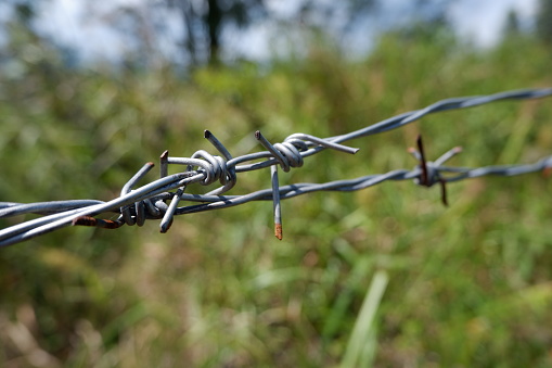 selective focus on an old and rusty barbed wire fence