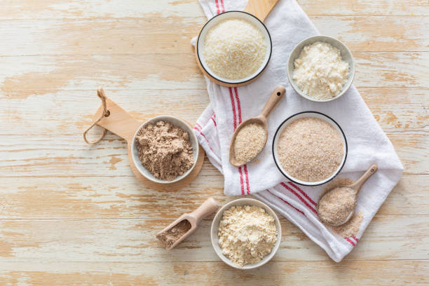 istock Assortment of various gluten free flour,  without carbohydrate (almond and coconut flour, psyllium husk powder, rough-ground flaxseed flour) 2022052277