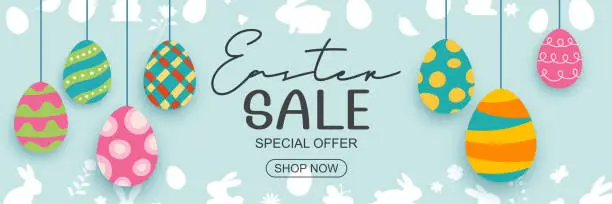 Vector illustration of Easter eggs sale banner design template with colorful eggs. Use for social media, advertising, flyers, posters, brochure, voucher discount.
