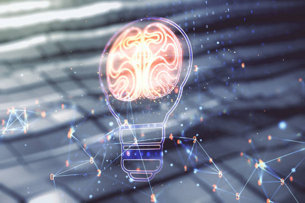 istock Double exposure of abstract virtual creative light bulb hologram with human brain on blurry metal background, idea and brainstorming concept 2022061041