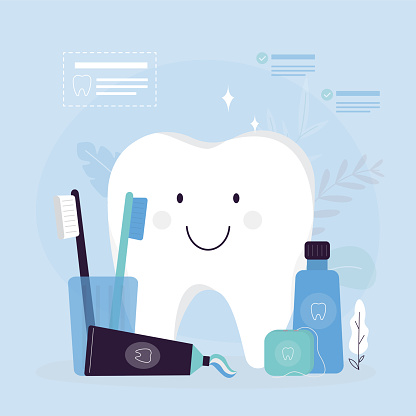 Happy tooth icon. Cute teeth character. To brush your teeth with toothpaste and toothbrush. Dental personage, flat design for children dentistry. Oral hygiene, teeth cleaning. Vector illustration