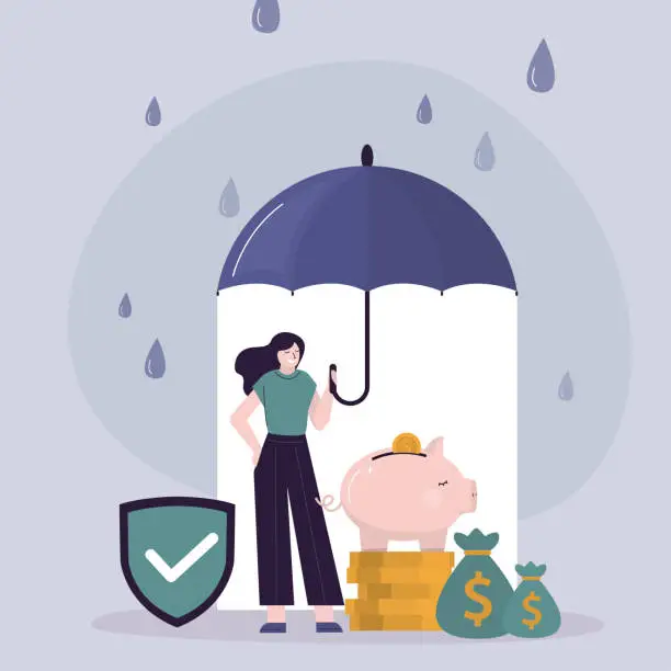 Vector illustration of Insurance and finance saving protection in economy crisis, safety investment concept, confidence businesswoman investor with his piggy bank safety money covered by big umbrella.
