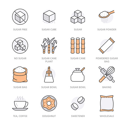 Sugar cane, cube flat line icons set. Sweetener, stevia, spoon, bakery products, rolling pin, whisk vector illustrations. Outline signs for sugarless food. Orange Color. Editable Stroke.