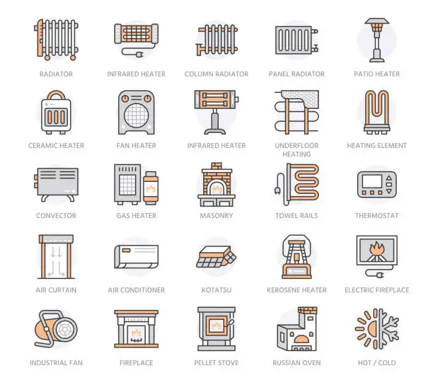 Vector illustration of Oil heater, fireplace, convector, panel column radiator and other heating appliances line icons. Home warming thin linear pictogram such as kotatsu, air curtain. Orange Color. Editable Stroke