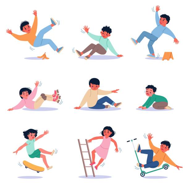 Cartoon falling kids. Boys and girls in danger, slipping, tripping and injuries, result of active games, unhappy crying child, skateboard rollers and scooter, ladder and wet floor, vector set Cartoon falling kids. Boys and girls in danger, slipping, tripping and injuries, result of active games, unhappy crying child, skateboard rollers and scooter, ladder and wet floor, vector isolated set stair fall stock illustrations