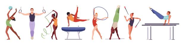 Rhythmic gymnasts. Professional athletes, young sports and artistic acrobats, strength, flexibility, man and woman with ribbons, balls and rings, cartoon flat isolated tidy vector set Rhythmic gymnasts. Professional athletes, young sports and artistic acrobats, strength, flexibility, man and woman with ribbons, balls and rings, cartoon flat isolated illustration, tidy vector set gymnastics stretches stock illustrations