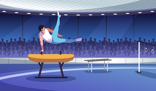 Male sports gymnast performance. Professional athlete in sports competitions, young man on pommel horse performs tricks, circus show, cartoon flat style isolated illustration, tidy vector concept