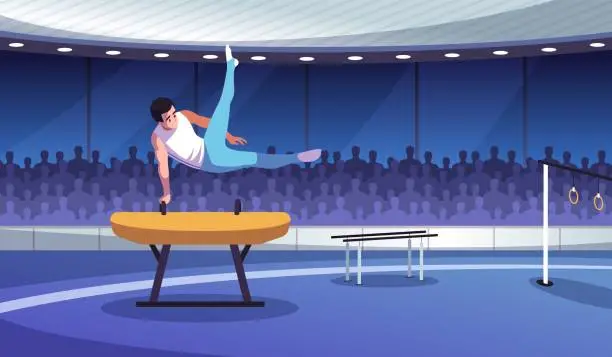 Vector illustration of Male sports gymnast performance. Professional athlete in sports competitions, young man on pommel horse performs tricks, circus show, cartoon flat style isolated tidy vector concept