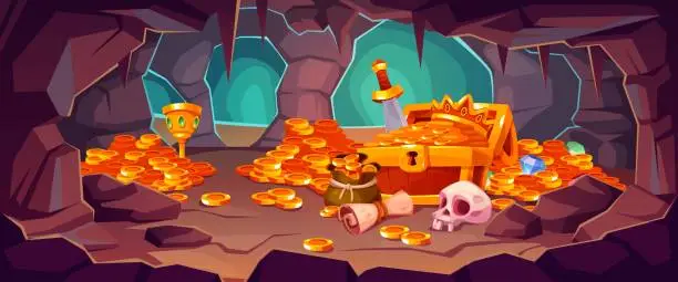 Vector illustration of Cave with ancient treasure. Cartoon pirate trophies, piles of golden coins and gems, cups, weapons and skull, wooden chest with gold, horizontal background, medieval wealth, tidy vector concept