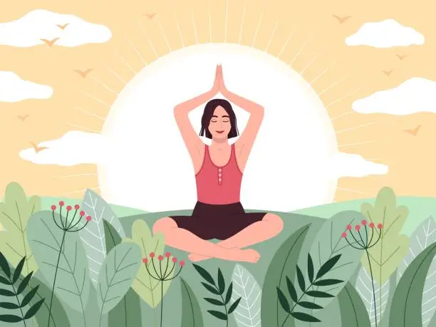Vector illustration of Meditation on nature. Happy girl meets dawn in lotus position, search for zen and soul and body harmony, yoga practice, mental health, mindfulness cartoon flat isolated tidy vector concept
