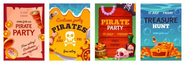 Vector illustration of Pirate treasure posters. Lost ancient gold, wooden chest with coins, sea robbers elements, weapons, kids party invitation, childish birthday posters, cartoon flat isolated tidy vector set