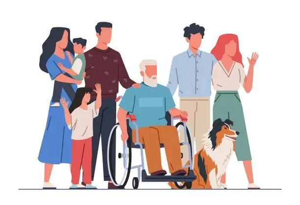 Vector illustration of People with disabled family member. Grandpa in wheelchair, people group, parents and children, different generations. Paralyzed man cartoon flat isolated illustration, nowaday vector concept