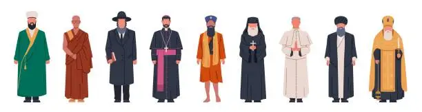 Vector illustration of Religion characters. Clergymen from different confessions in special attire, christian and muslim, islam and buddhism. Traditional clothes, cartoon flat style isolated nowaday vector set