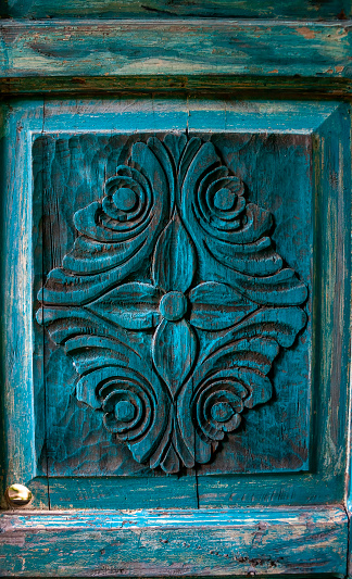 Carved Floral Detail on door, Colonial architecture, Playa Hacamiya, Jalisco. Mexico