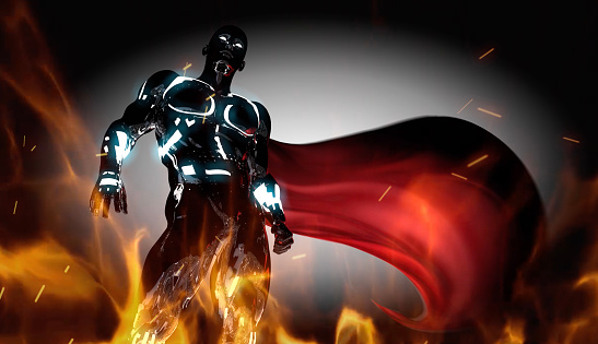 A superhero cyborg looking to the horizon in the fire. New generation sci-fi movie or game character. / You can see the animation movie of this image from my iStock video portfolio. Video number: 2016073998