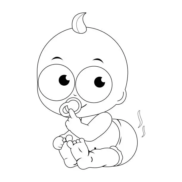 Vector illustration of Baby in a dirty diaper. Cute baby or toddler with pacifier needs a diaper change. Vector black and white coloring page.