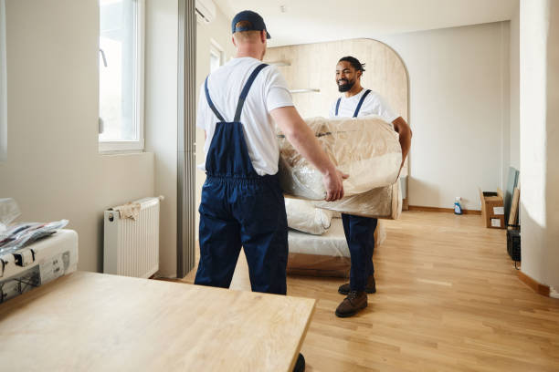 Happy male movers carrying furniture in the apartment. Two happy workers cooperating while carrying furniture into a new apartment. Moving Service stock pictures, royalty-free photos & images