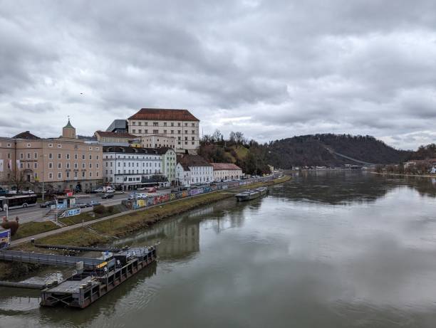 istock Boats on river with buildings on shore: Linz, Austria 2022111150