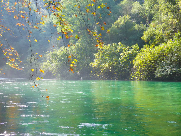 istock Magnificent landscape with the Sorgue illuminated by a particularly beautiful light which is reflected on the pure water of the river at Fontaine de Vaucluse in the Vaucluse department in Provence in France 2022112788