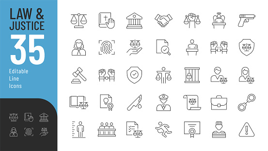 Vector illustration in modern thin line style of judicial system related icons:judge, jury, lawyer, defendant, crime, and more. Isolated on white