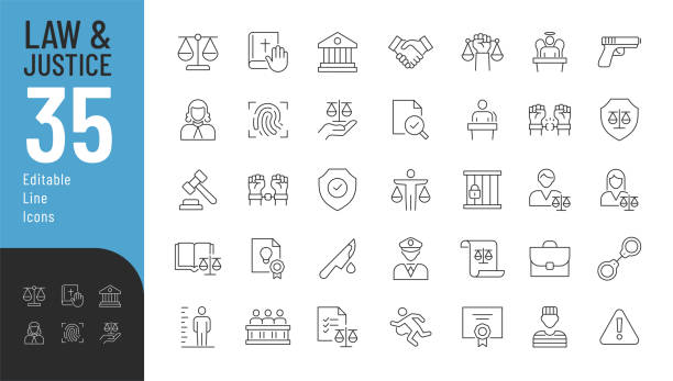 Law and Justice Line Editable Icons set. Vector illustration in modern thin line style of judicial system related icons:judge, jury, lawyer, defendant, crime, and more. Isolated on white rules stock illustrations