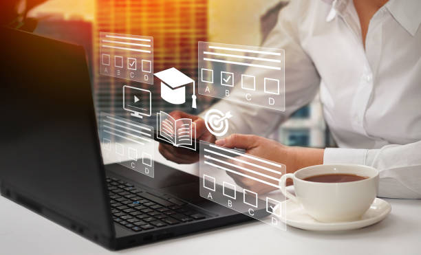 istock E-learning, education, online exam concept. Choose correct answer. Education internet online digital technology concept. 2022130197