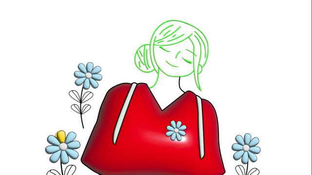 Hand-Drawn Illustration of Woman with Red Shirt and Flowers