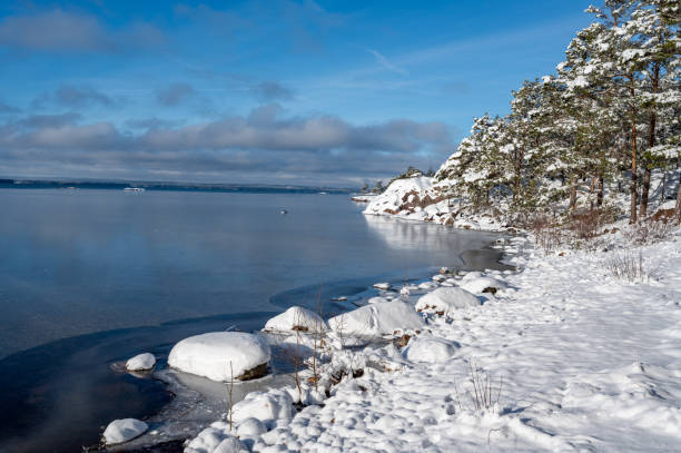 Beautiful view over ice and water on lake