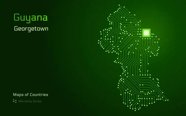 Vector illustration of Guyana Map with a capital of Georgetown Shown in a Microchip Pattern with processor.
