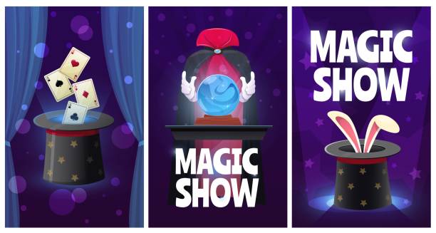Magician accessories cards. Illusionists show invitation. Illusion tricks with top hat or magic wand. Fortune telling by Oracle crystal ball. Rabbit ears in cap. Vector circus banners set Magician accessories cards. Illusionists show invitation. Illusion tricks with top hat or magic wand. Fortune telling by Oracle crystal ball. Rabbit ears in cap. Ace gimmick. Vector circus banners set sorcerer hat stock illustrations