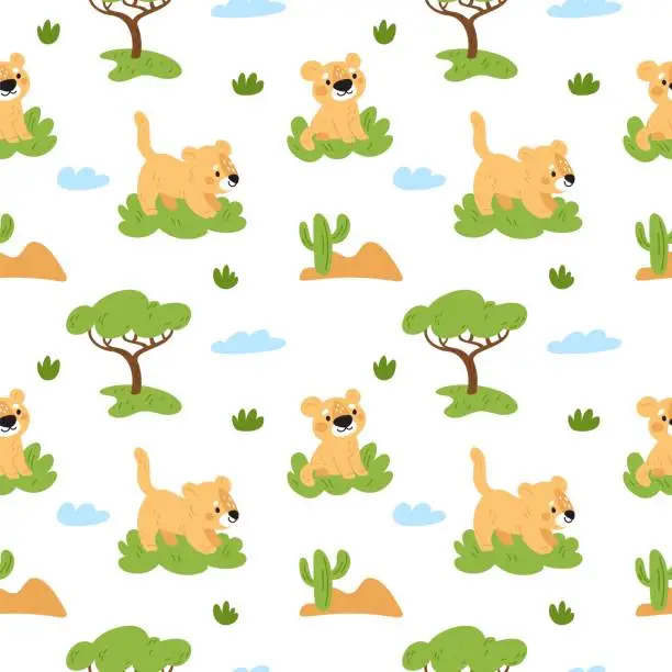 Vector illustration of Cute lion seamless pattern. Repeated funny lioness cubs. Kids print. Elements of savannah. Cartoon predatory animals. Safari trees. Wild feline baby mammals. Garish vector background