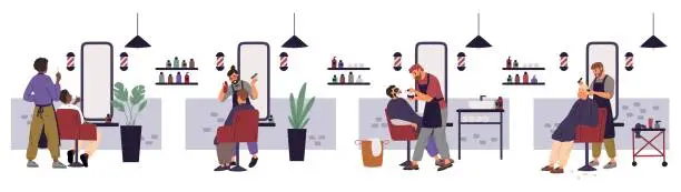 Vector illustration of Barbers with male clients. Barbershop salon. Fashionable bearded men cut. Hairstylist shaving customer. Moustache and beard. Hairdresser making haircut. Hairstyles design. Garish vector set