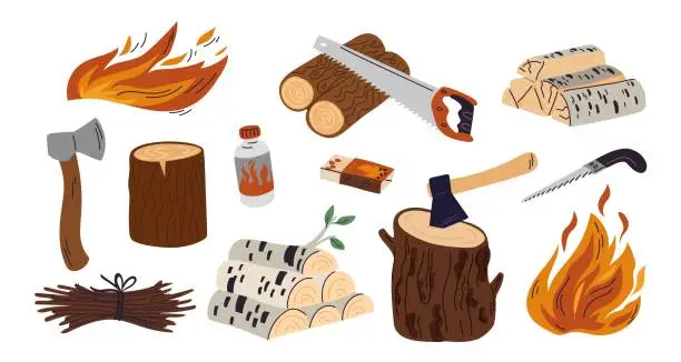 Vector illustration of Campfire ignition elements. Wooden logs. Brushwood bundle. Lumber cutting tools. Firewood stacks. Axe and saw. Box matches. Fire flame burn. Natural timber. Tree stump. Garish vector set