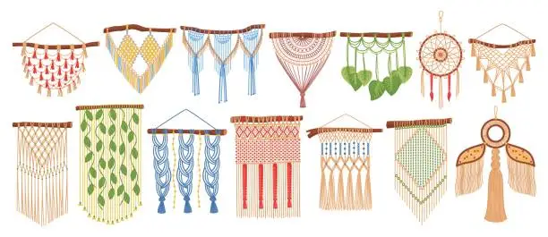 Vector illustration of Macrame hanging on wall. Boho handmade knitted decor. Scandinavian home decorations. Cozy rustic interior. Knots and tassels made of textile strings. Dream catcher. Recent vector set