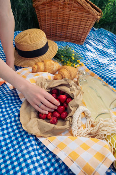 istock a woman's hand picks up a strawberry for a picnic in nature 2022169775