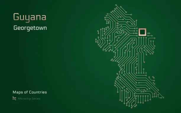 Vector illustration of Guyana Map with a capital of Georgetown Shown in a Microchip Pattern with processor.