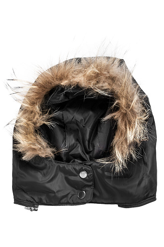 Black waterproof removable jacket hood with fur isolated on white background