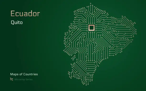 Vector illustration of Ecuador Map with a capital of Quito Shown in a Microchip Pattern with processor.