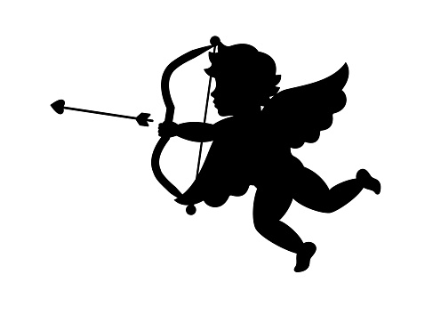 Cupid aiming a bow and arrow. Cherub silhouette. Valentine's day. Love symbol. Vector illustration. Isolated on white background.