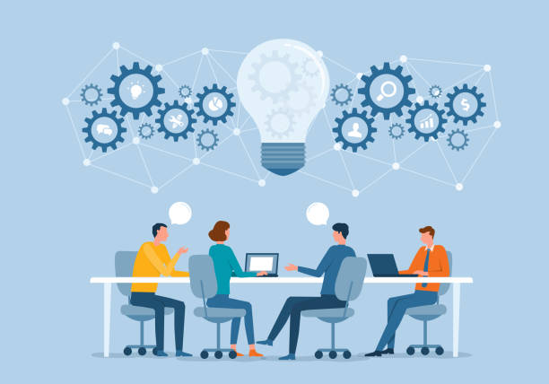 stockillustraties, clipart, cartoons en iconen met business people team working meeting and brainstorming concepts. creative team thinking ideas together for business process planning. flat vector illustration cartoon design for web banner. - brainstormen