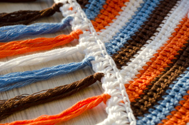 Crochet close-up. Handmade knitted jewelry made from cotton yarn.