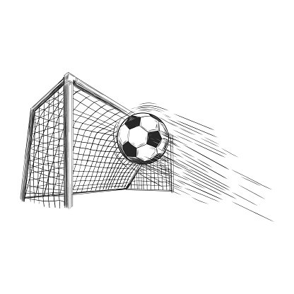 soccer ball goal came in the gate. soccer football ball in goal net sketch engraving vector illustration isolated on white. win, sports game, competition, winner, match. football competition 2024