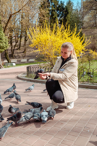 woman feeding pigeons in public park