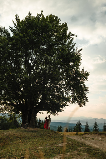 a couple stands under a big old beech tree with a view of the carpathians mountains and the sunset