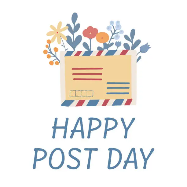 Vector illustration of Happy post day card with flat design letter mail and flowers