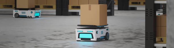 istock Concept industry 4.0 smart vehicle autonomous robot AGV (Automated guided vehicle),warehouse logistic and transport,with cardboard box automated robot,production in factory,3d rendering illustration 2022210507