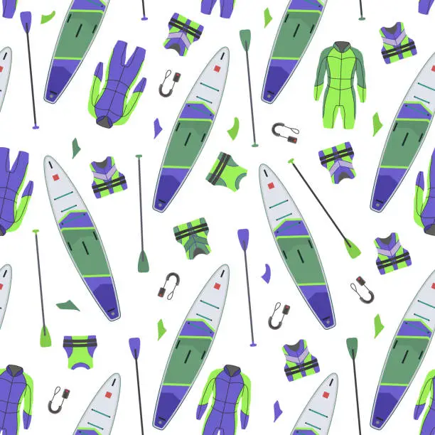 Vector illustration of Pattern Inflatable paddle supboard and life jacket