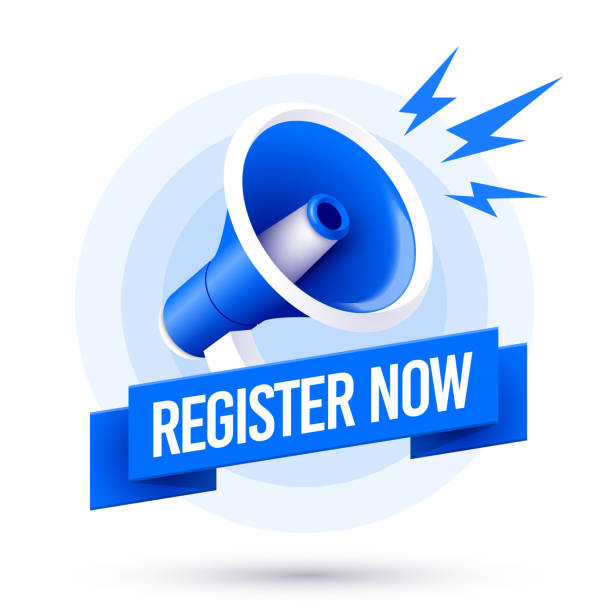 Blue Megaphone Illustration And Ribbon With Text Register Now Blue Megaphone Illustration And Ribbon With Text Register Now join today button stock illustrations
