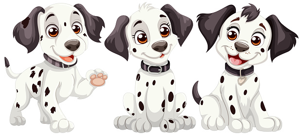 Three cute Dalmatian puppies in different poses.