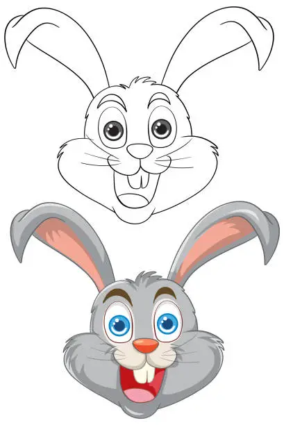 Vector illustration of Two vector illustrations of happy rabbit faces.